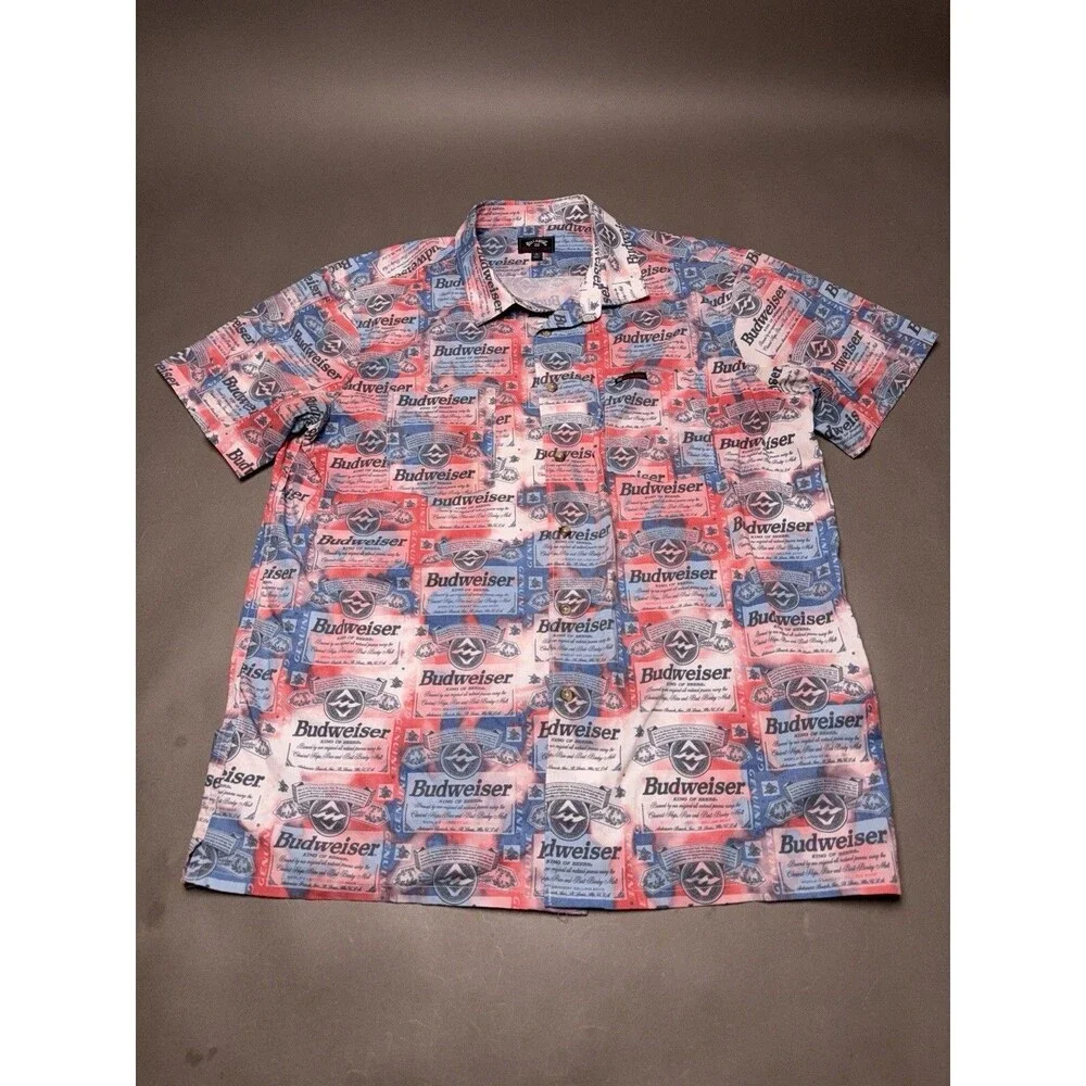 Billabong Budweiser Beer Label Print Button Down Shirt Mens Large Multicolor